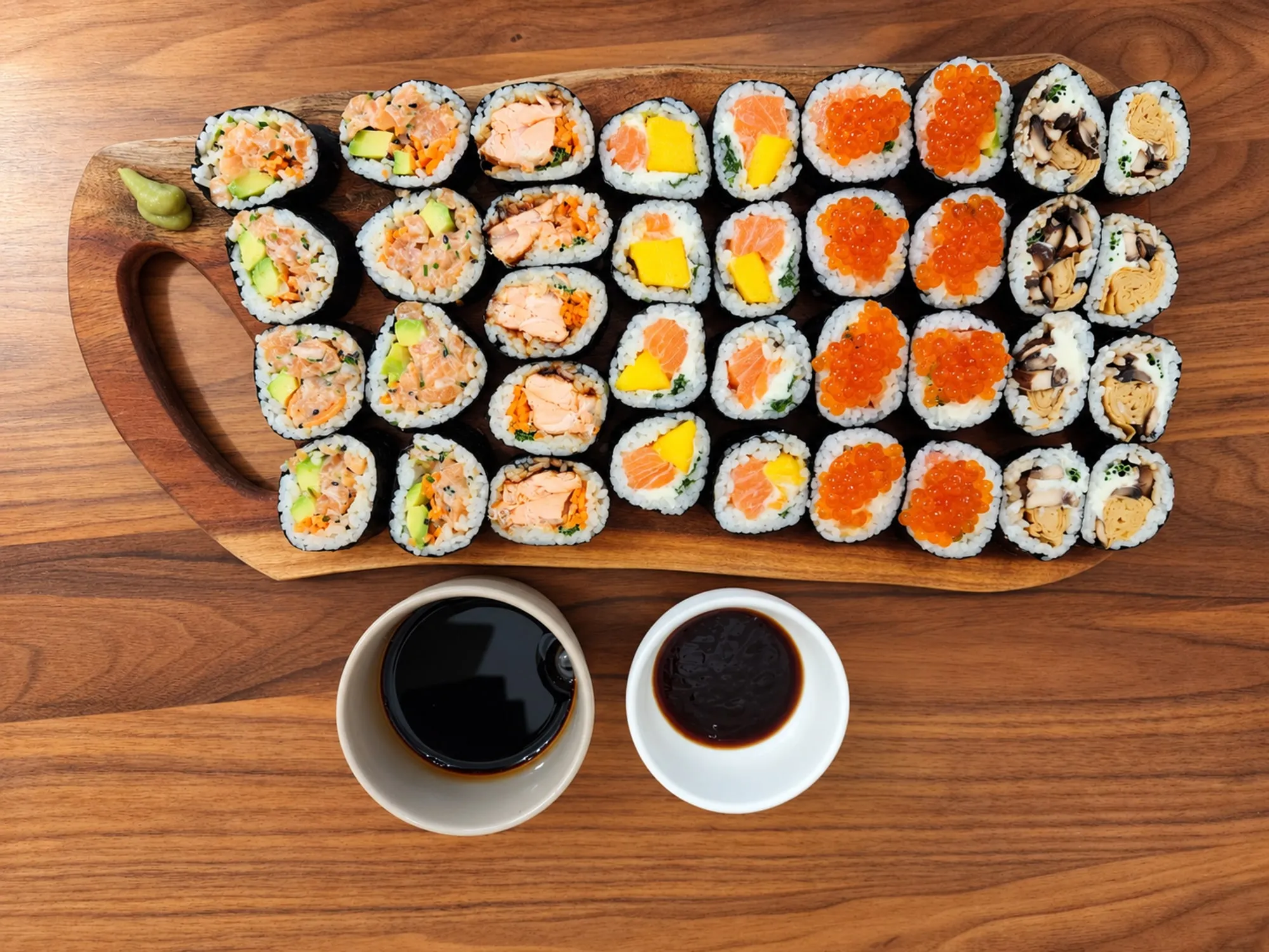 Семь футомаки пяти вкусов на доске из ореха: тартар с авокадо, лосось терияки, лосось с манго, роллы с икрой и грибами, рядом соевый соус и терияки